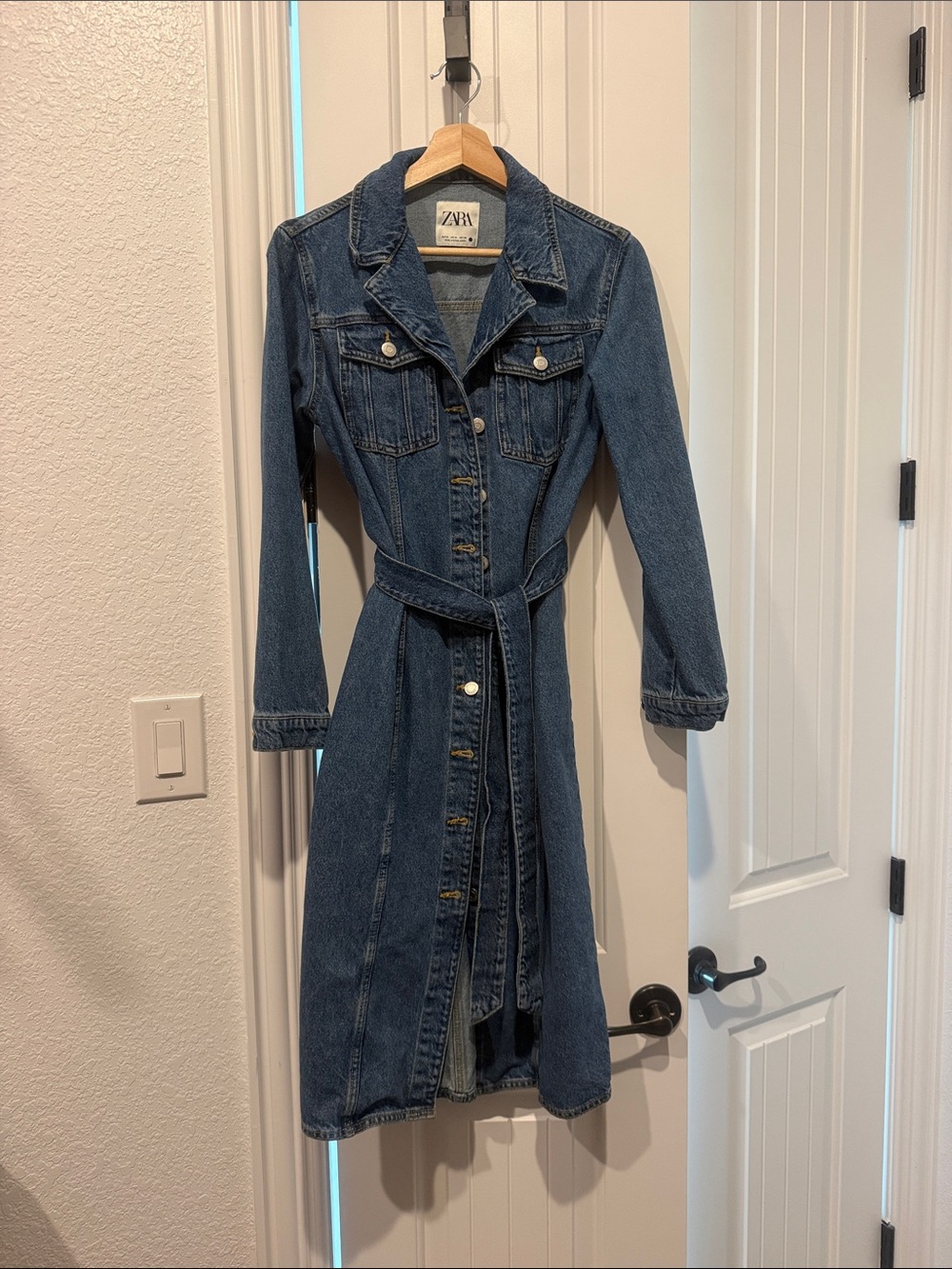 Zara Blue Denim Button-Front Trench Dress with Tie Belt